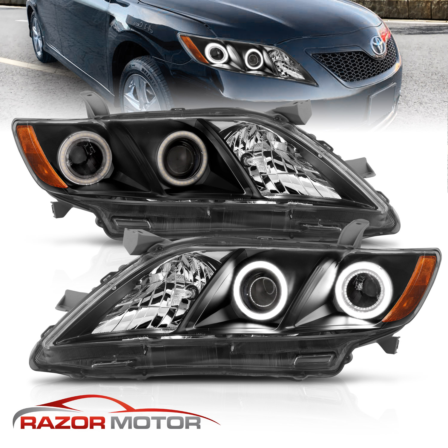 [Dual LED Halo]For 2007 2008 2009 Toyota Camry Black Projector